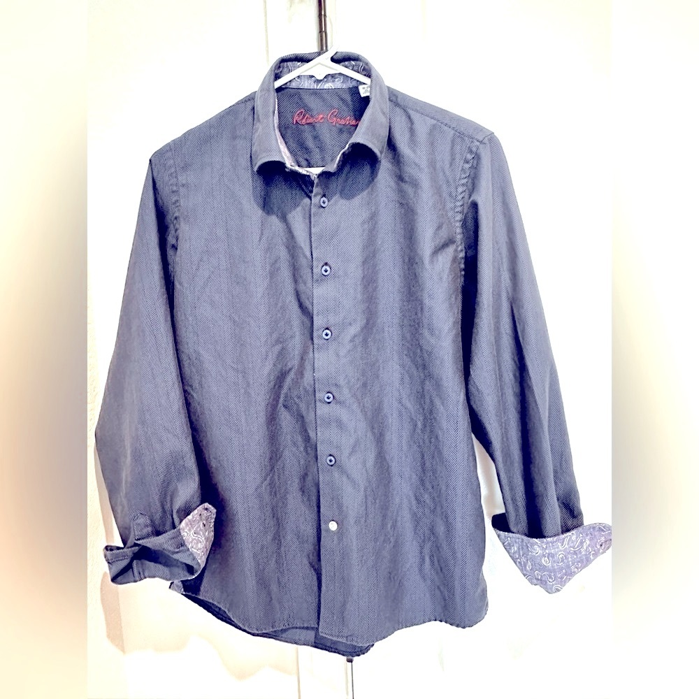 Boys Robert Graham dress shirt. Navy and blue herringbone pattern.